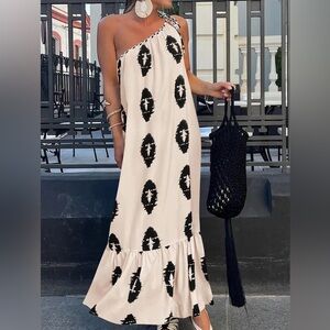 One Shoulder Maxi Dress Abstract Print Beige Black Flowy Summer Resort